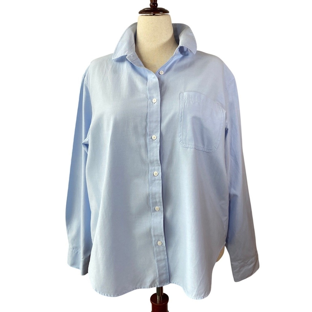 Oversized Blue Cotton Tunic Button-Up Crisp Collar Spring Layering 2XL